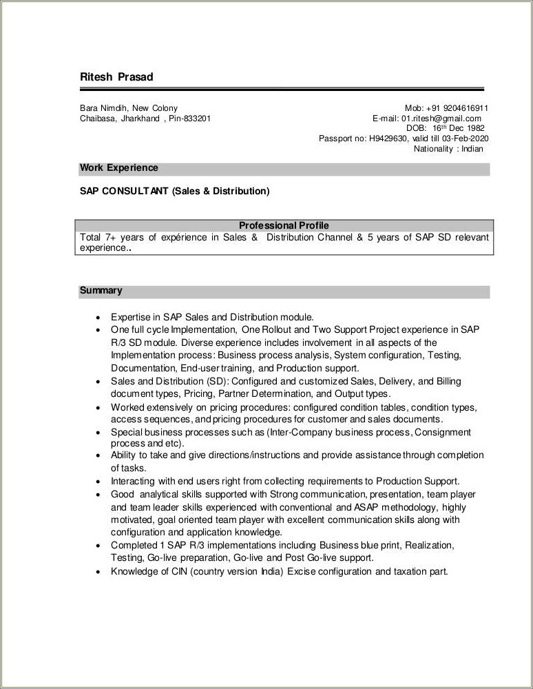 Sap Sd Associate Consultant Resume Sample