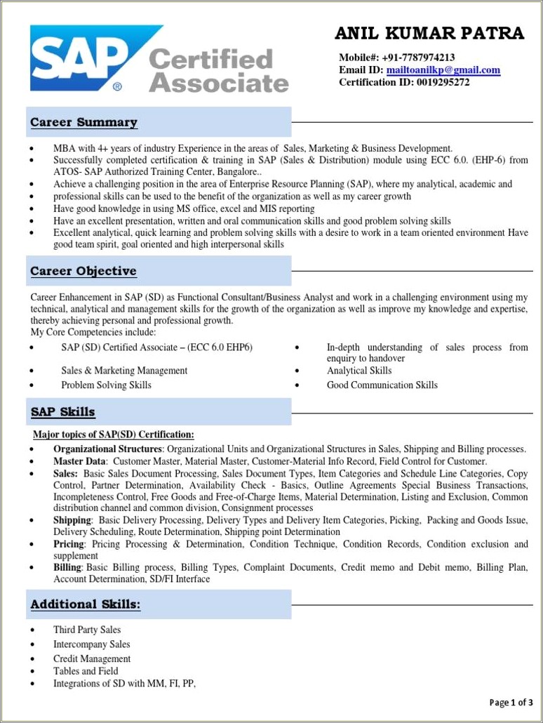 Sap Sd Fresher Resume With Domain Experience