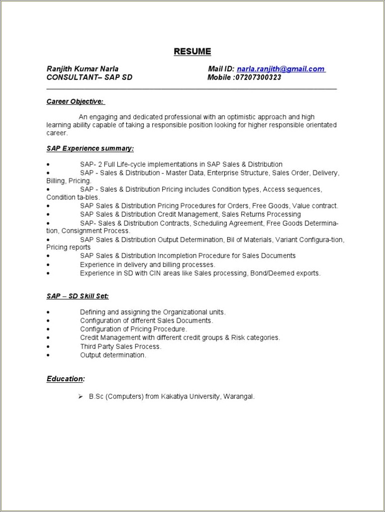 Sap Sd Functional Consultant Resume Sample