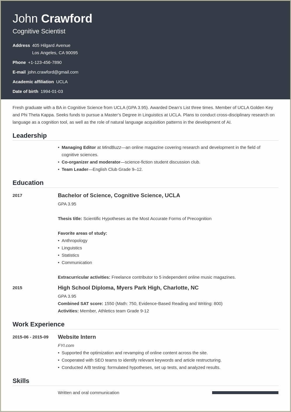 Scholarship Resume For Student With No Work Experience