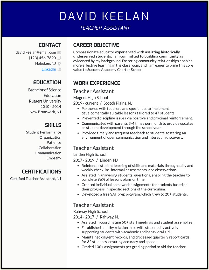 School Aide Job Description For Resume