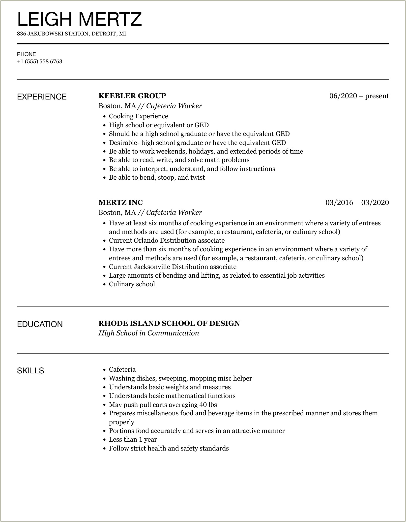 School Cafeteria Worker Job Description Resume