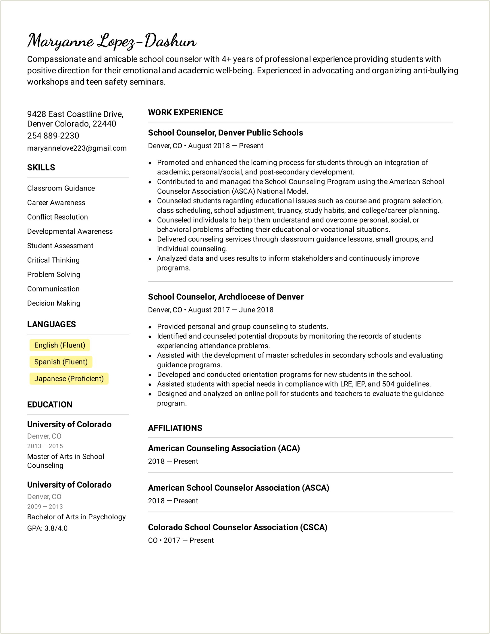 School Counselor Job Description For Resume