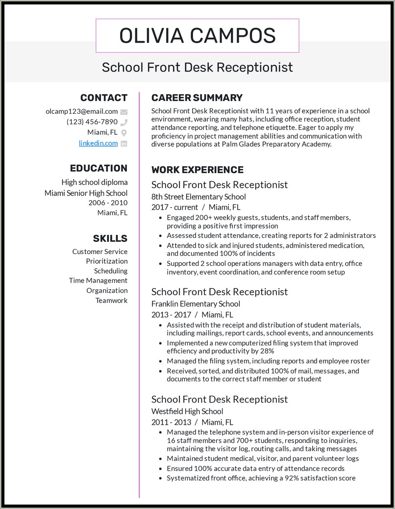 School Front Desk Job Description For Resume