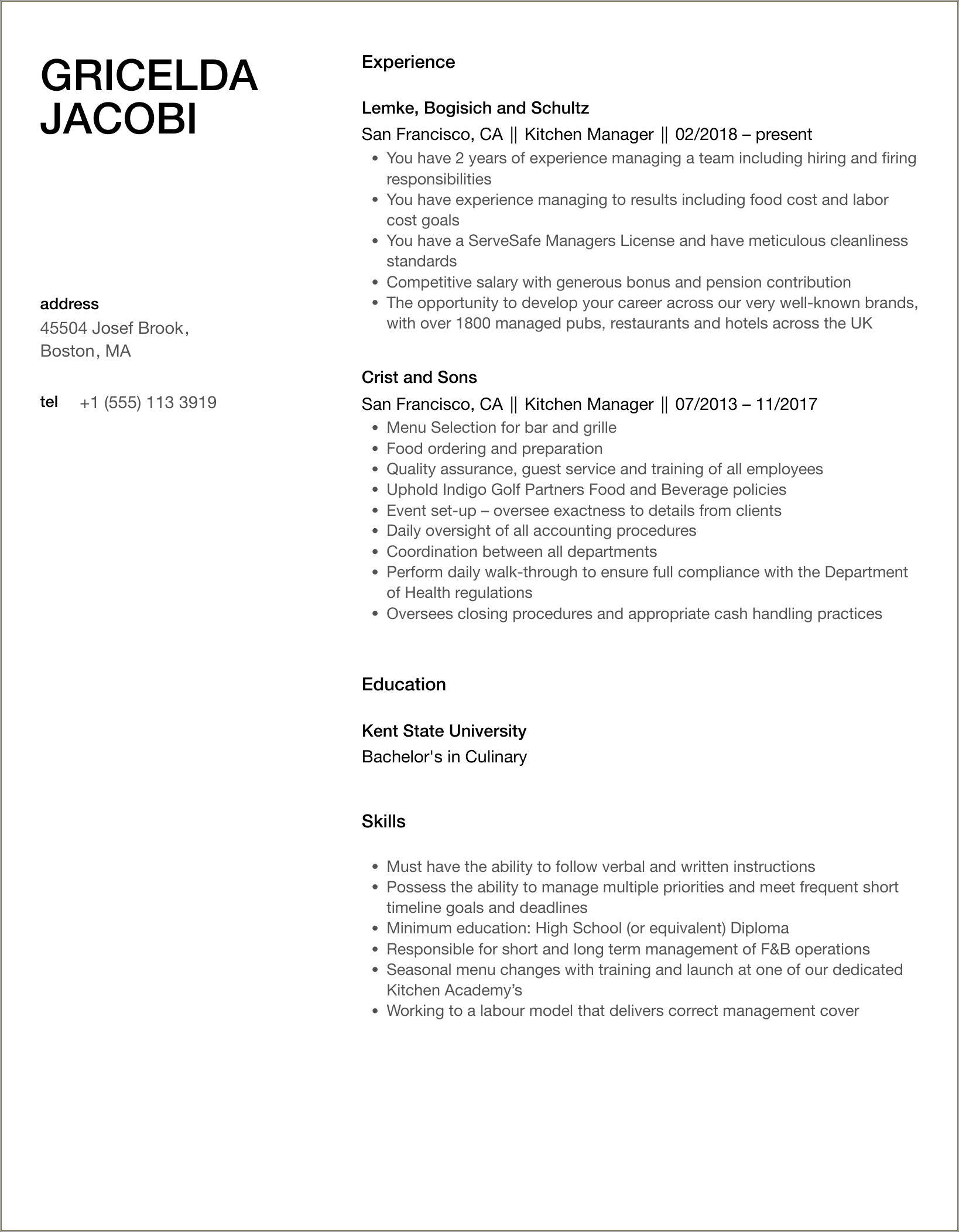 School Kitchen Manager Job Description Resume