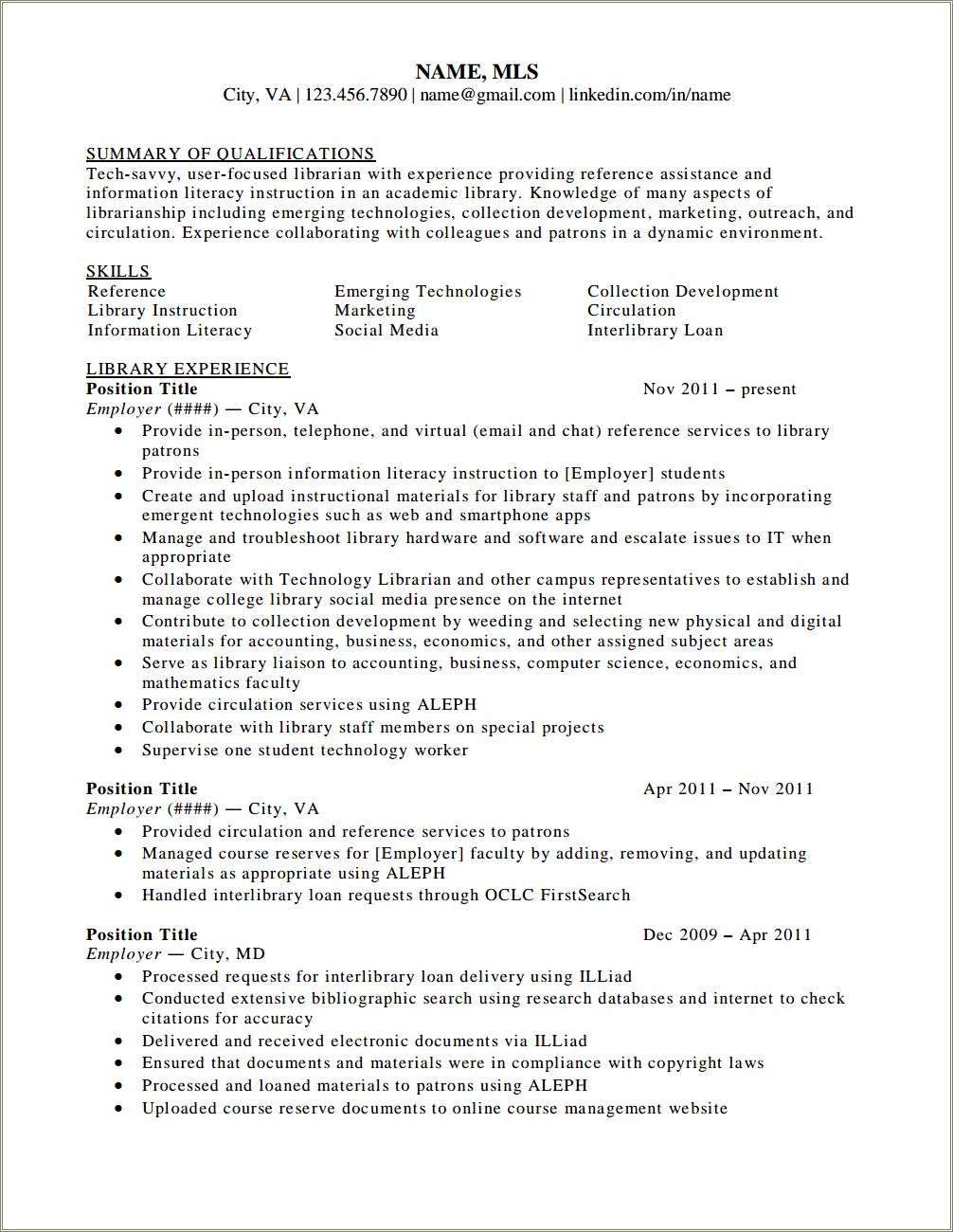 School Librarian Job Description For Resume