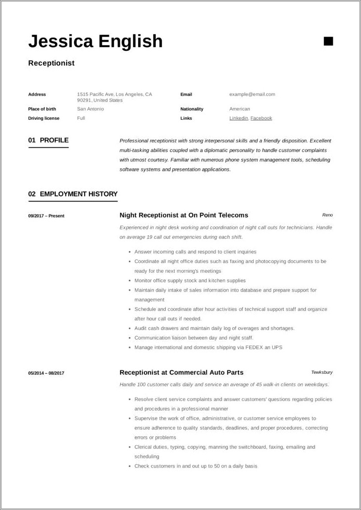 School Receptionist Job Description For Resume