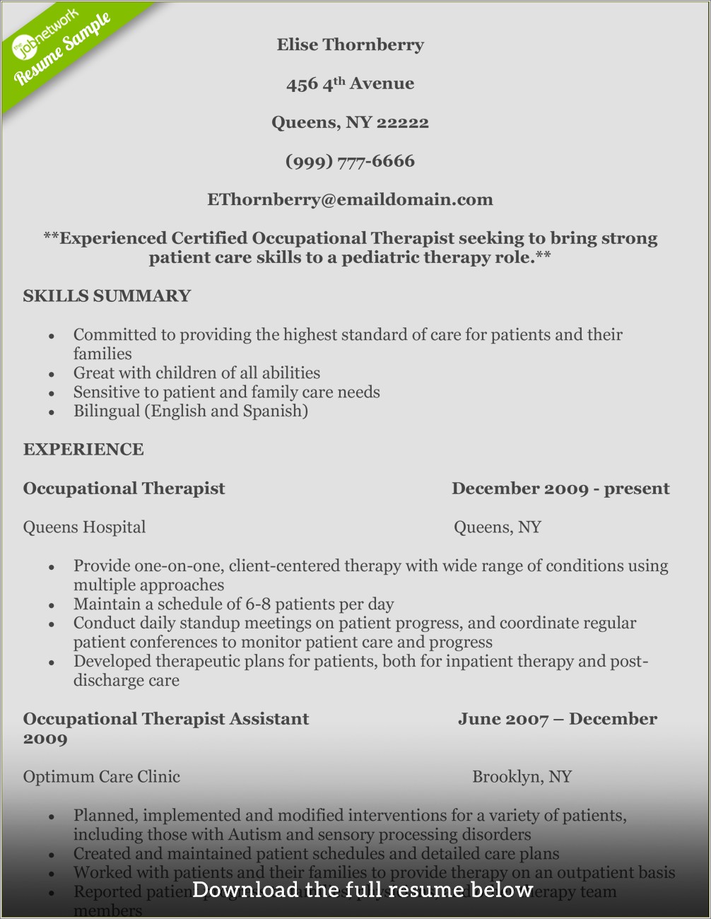 School Therapist Job Description For Resume