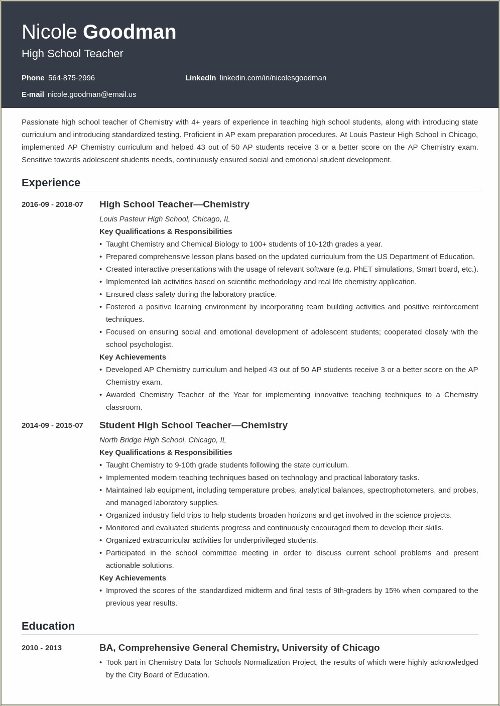 Science Teacher Job Description For Resume