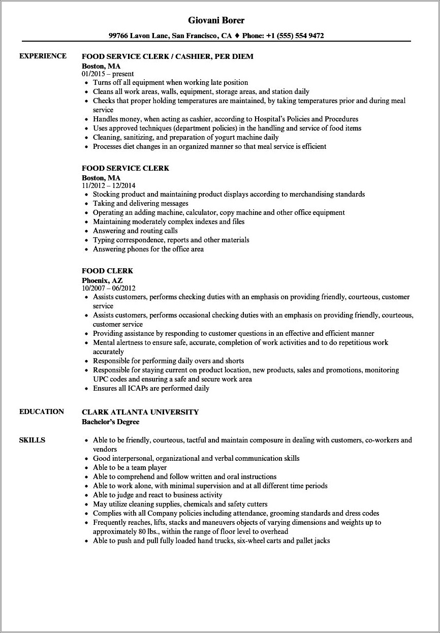 Seafood Clerk Job Description For Resume