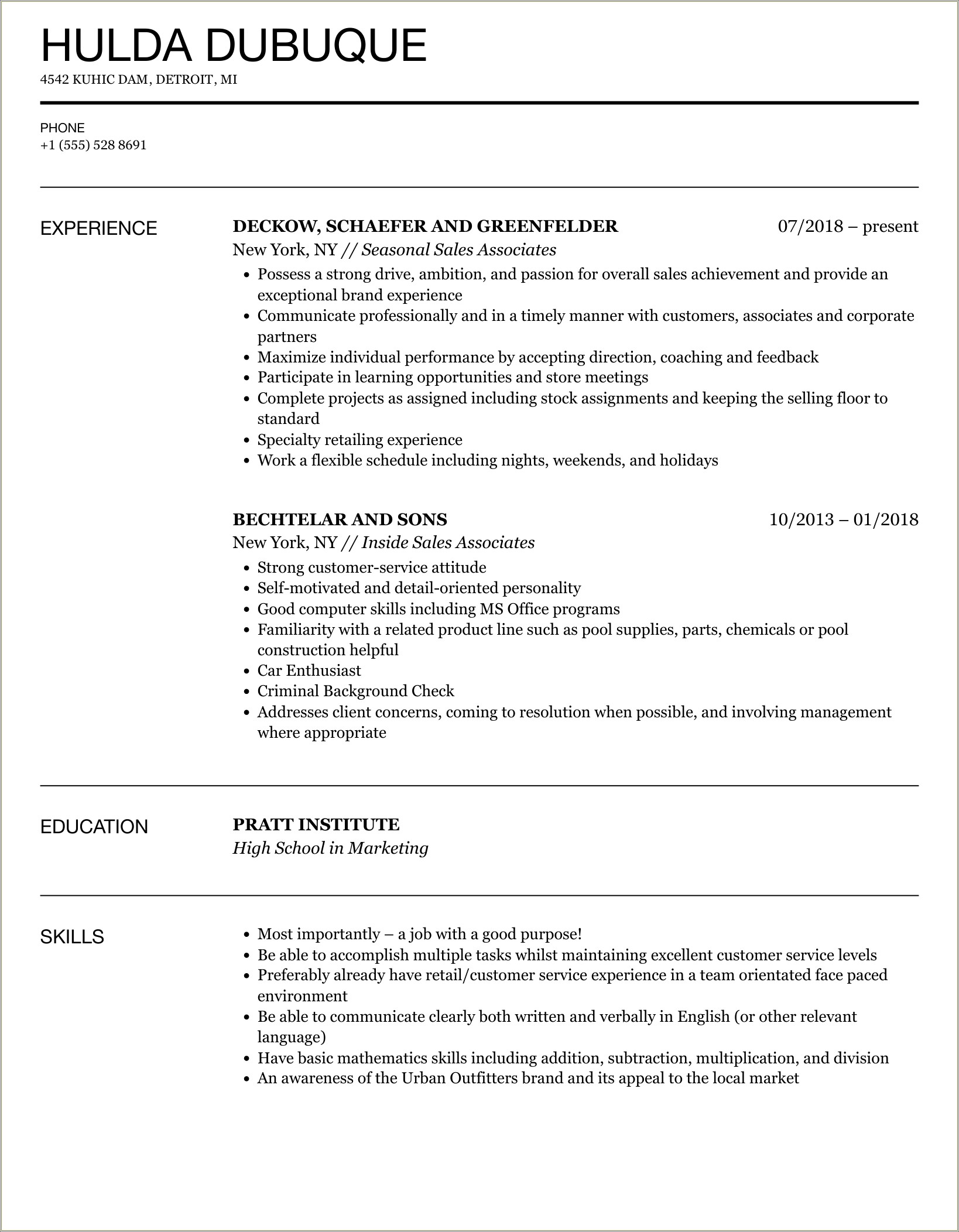 Seasonal Sales Associate Job Description Resume