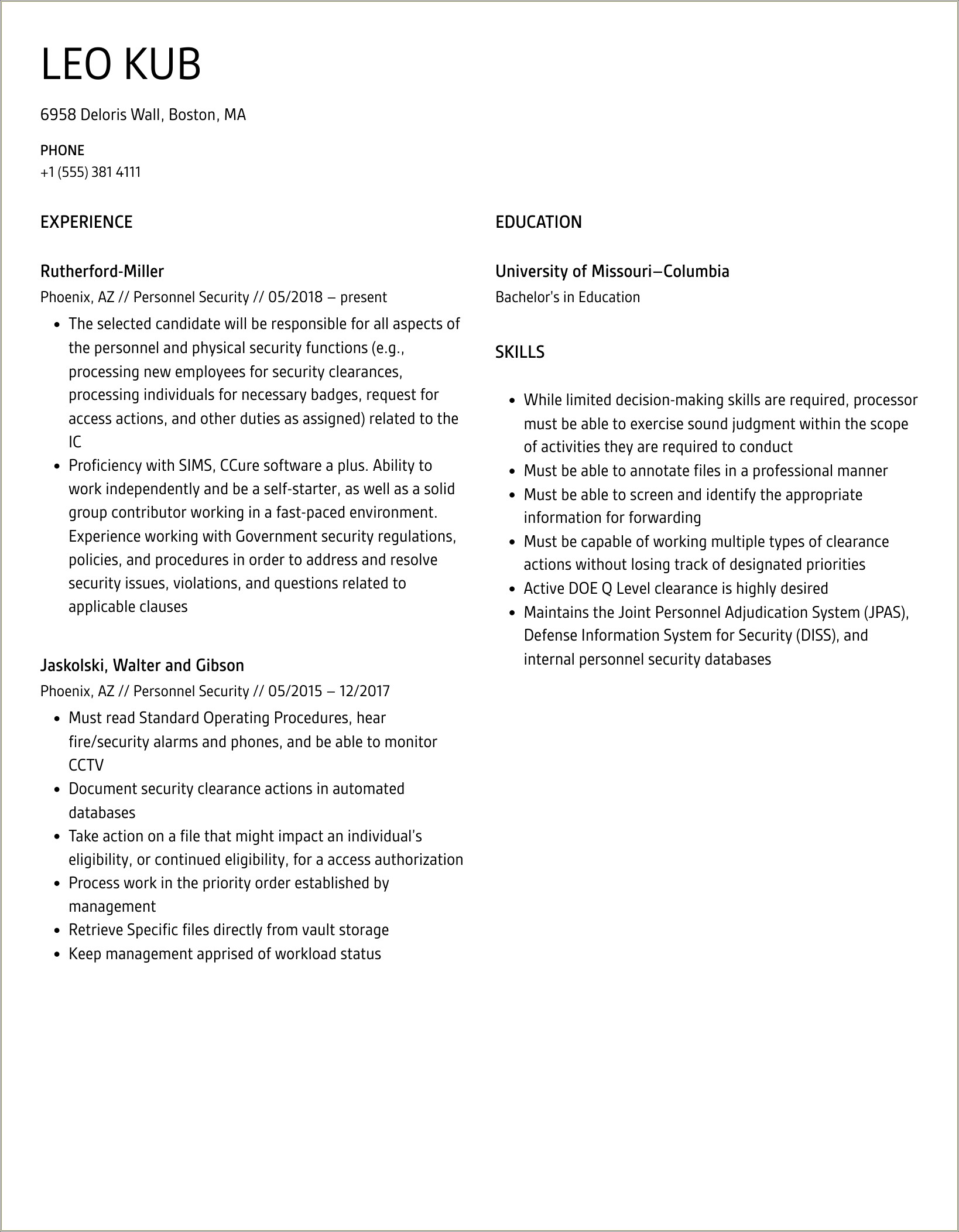 Secret Clearance On Resume Example After Retired