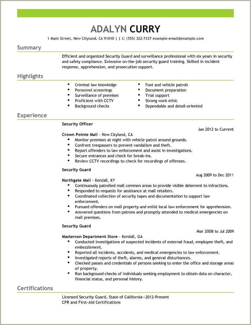 Security Forces Job Description For Resume