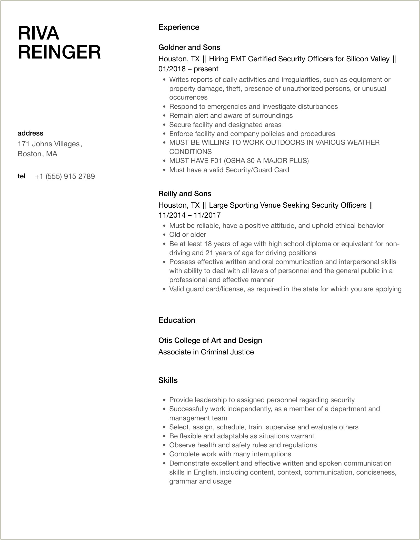 Security Guard Skills And Qualities Resume