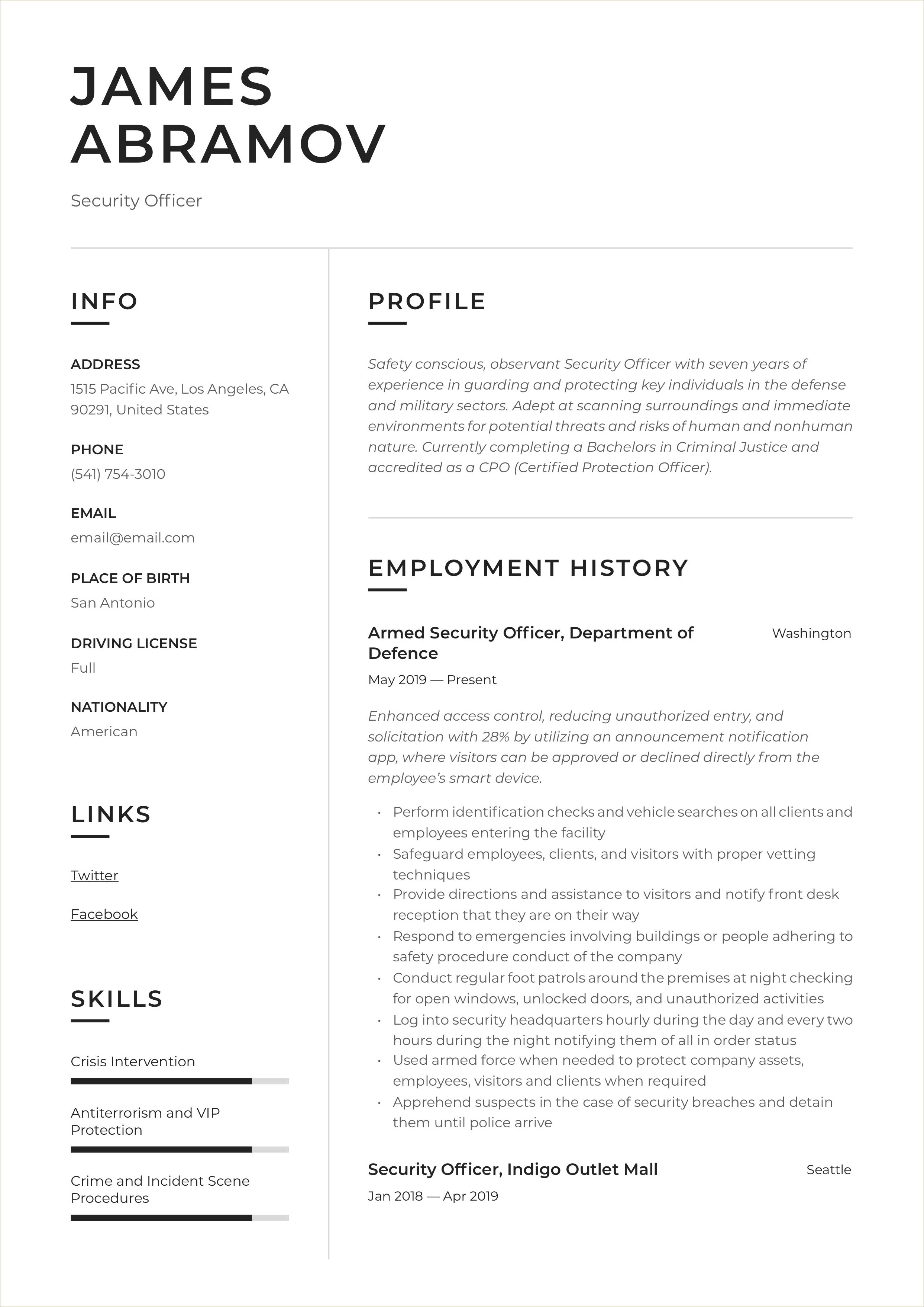 Security Officer Skills And Abilities For Resume