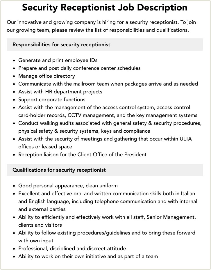 Security Receptionist Job Description For Resume