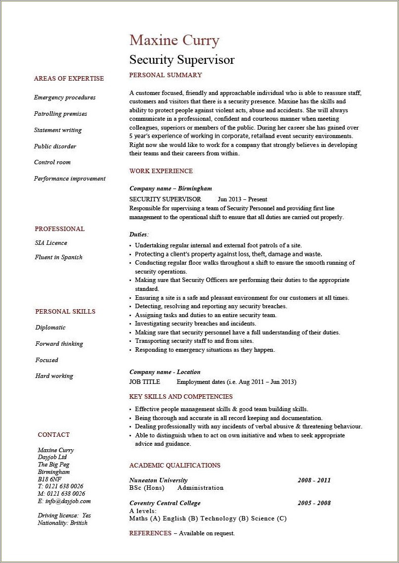 Security Supervisor Job Description For Resume
