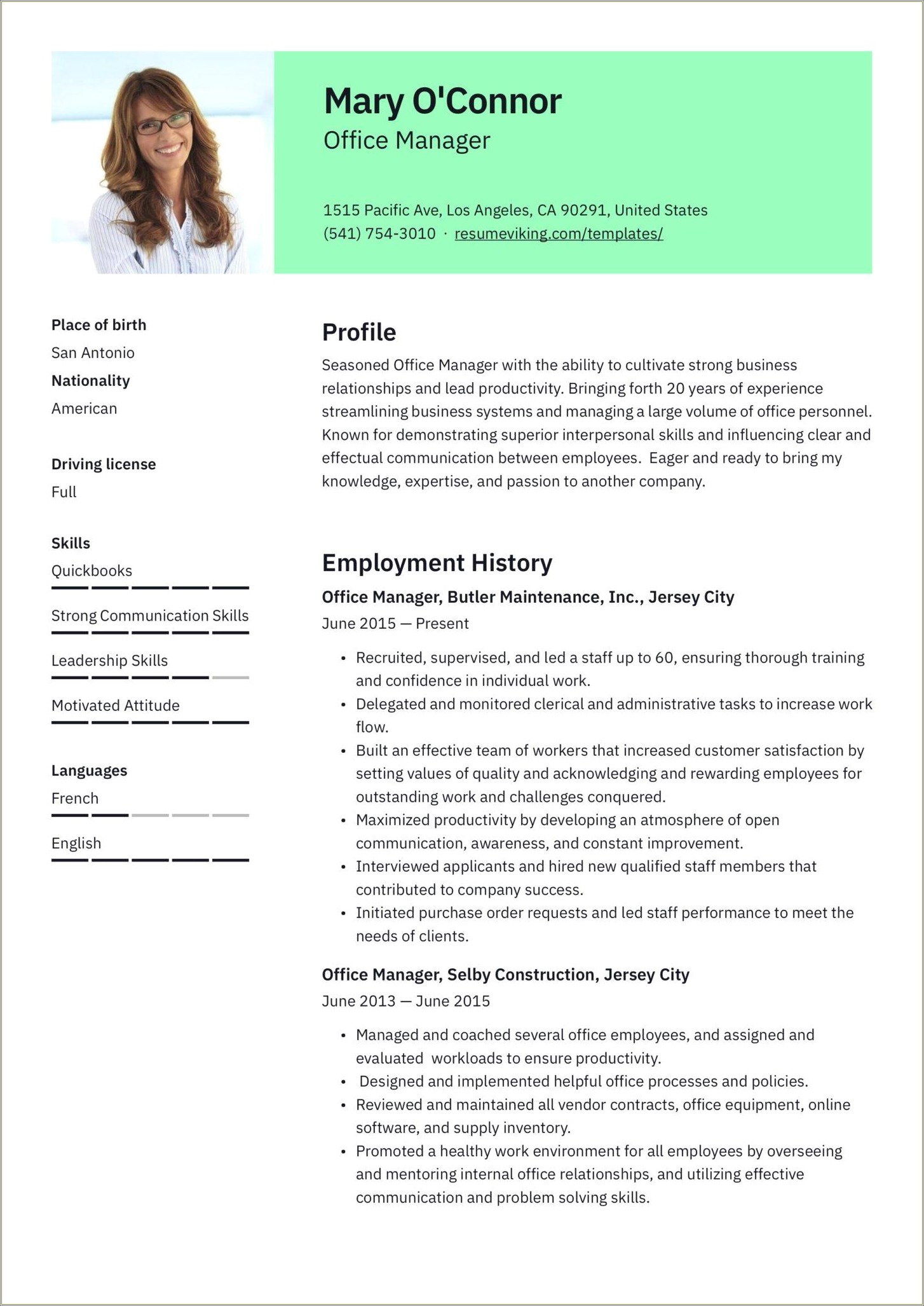 Self Employed Office Manager Resume Example