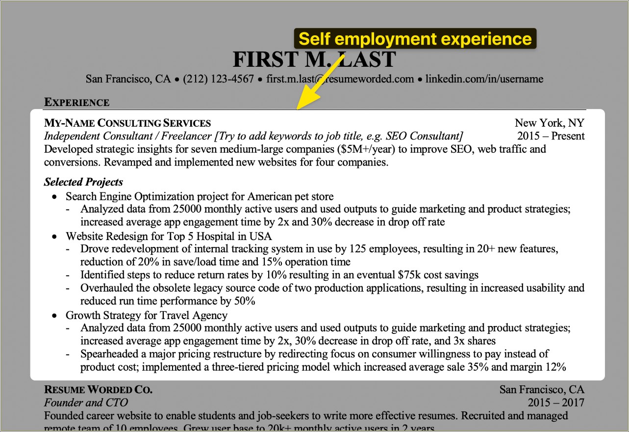Self Employment History On Job Resume