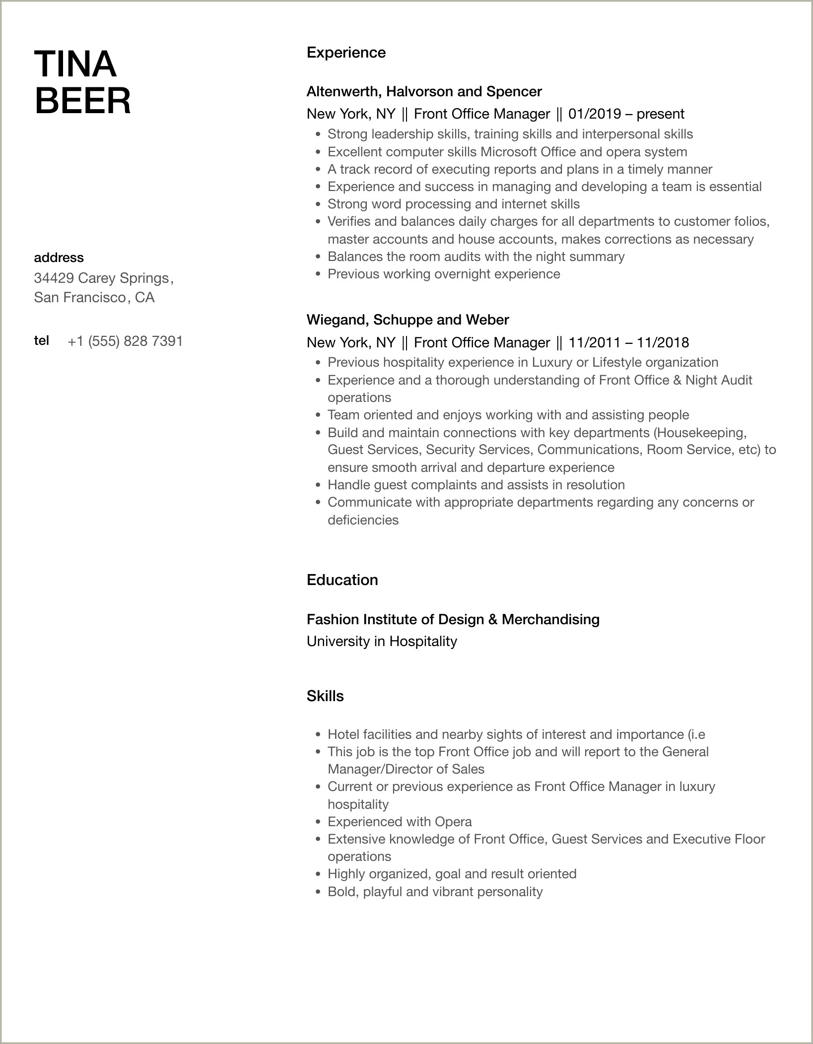 Senior Hotel Front Office Manager Resume
