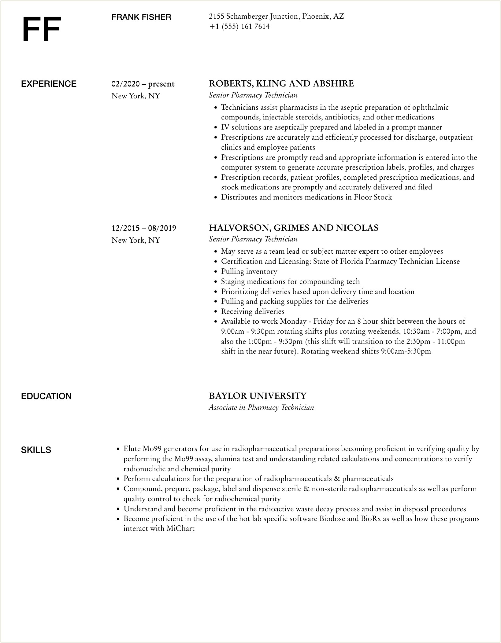Senior Pharmacy Technician Job Description Resume