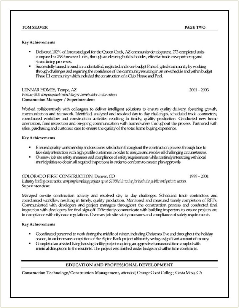Senior Project Manager Construction Resume Sample