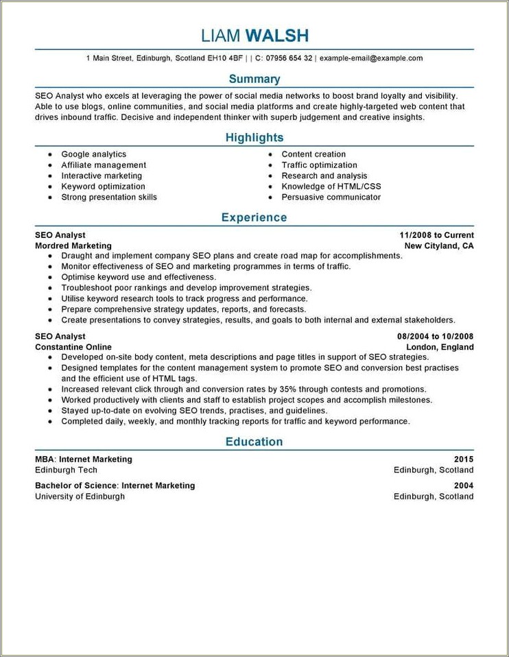 Seo Analyst 1 Year Experience Resume