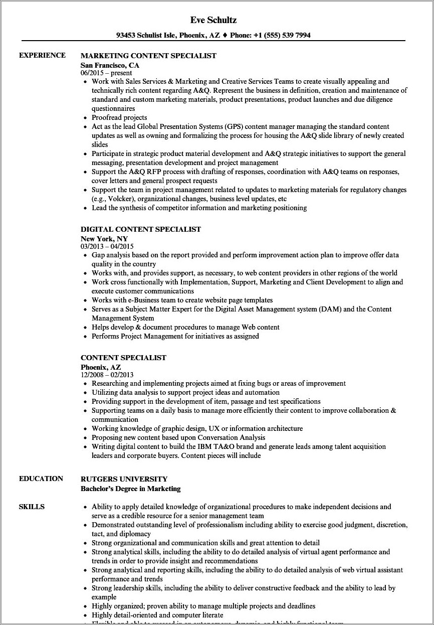 Seo And Content Specialist Resume Example