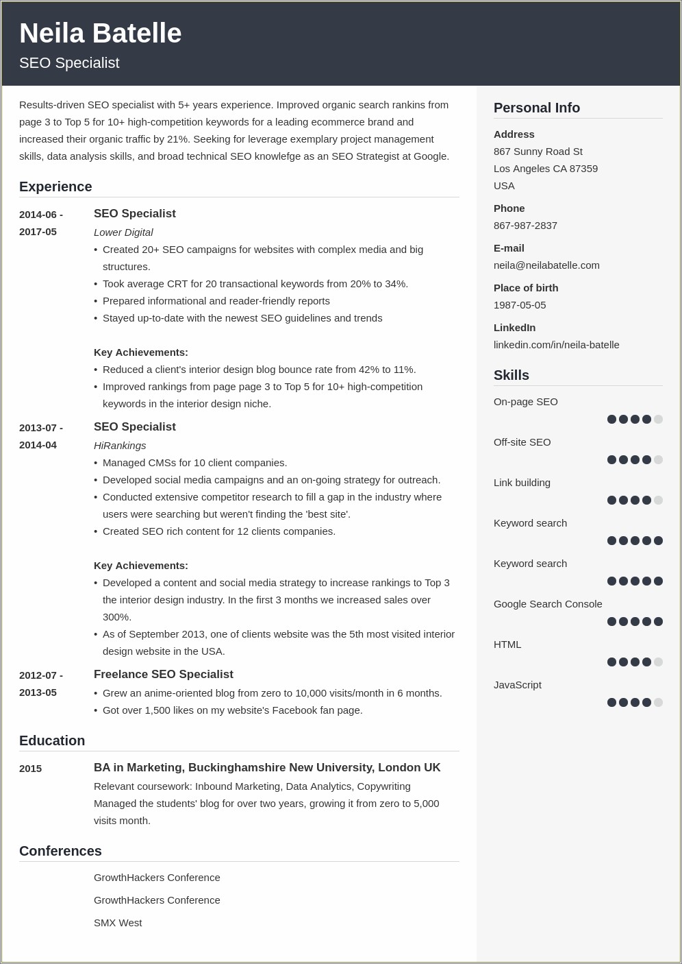 Seo Resume For 1 Year Experience