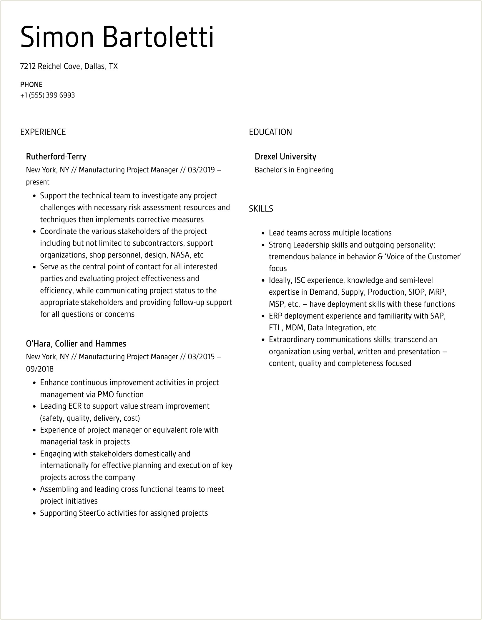 Served As Project Manager Resume Manufacturing
