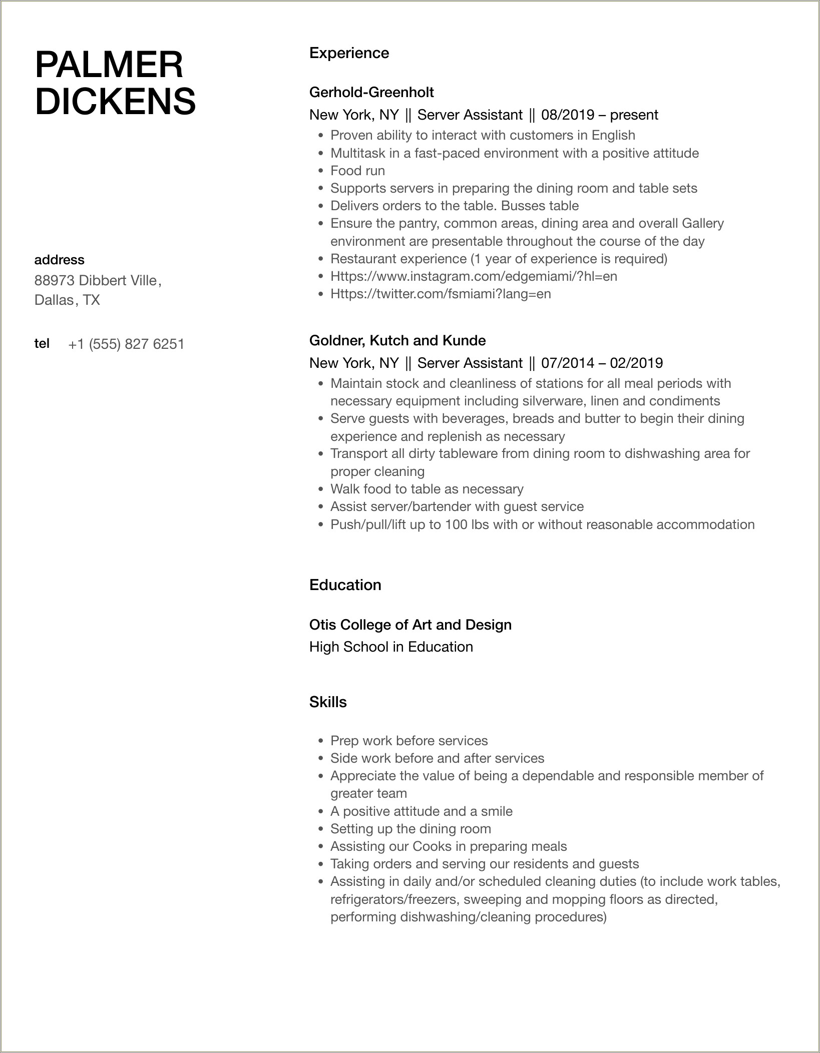 Server Assistant Job Description For Resume