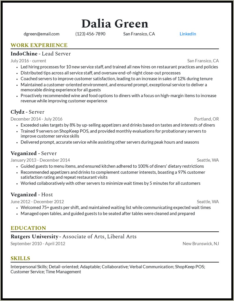 Server Fine Dining Resume Template Free