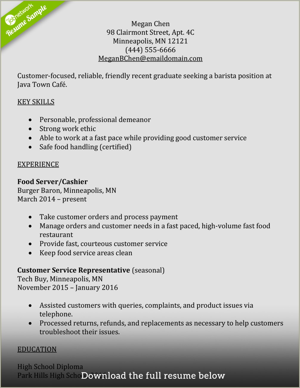 Server Resume Examples For First Time