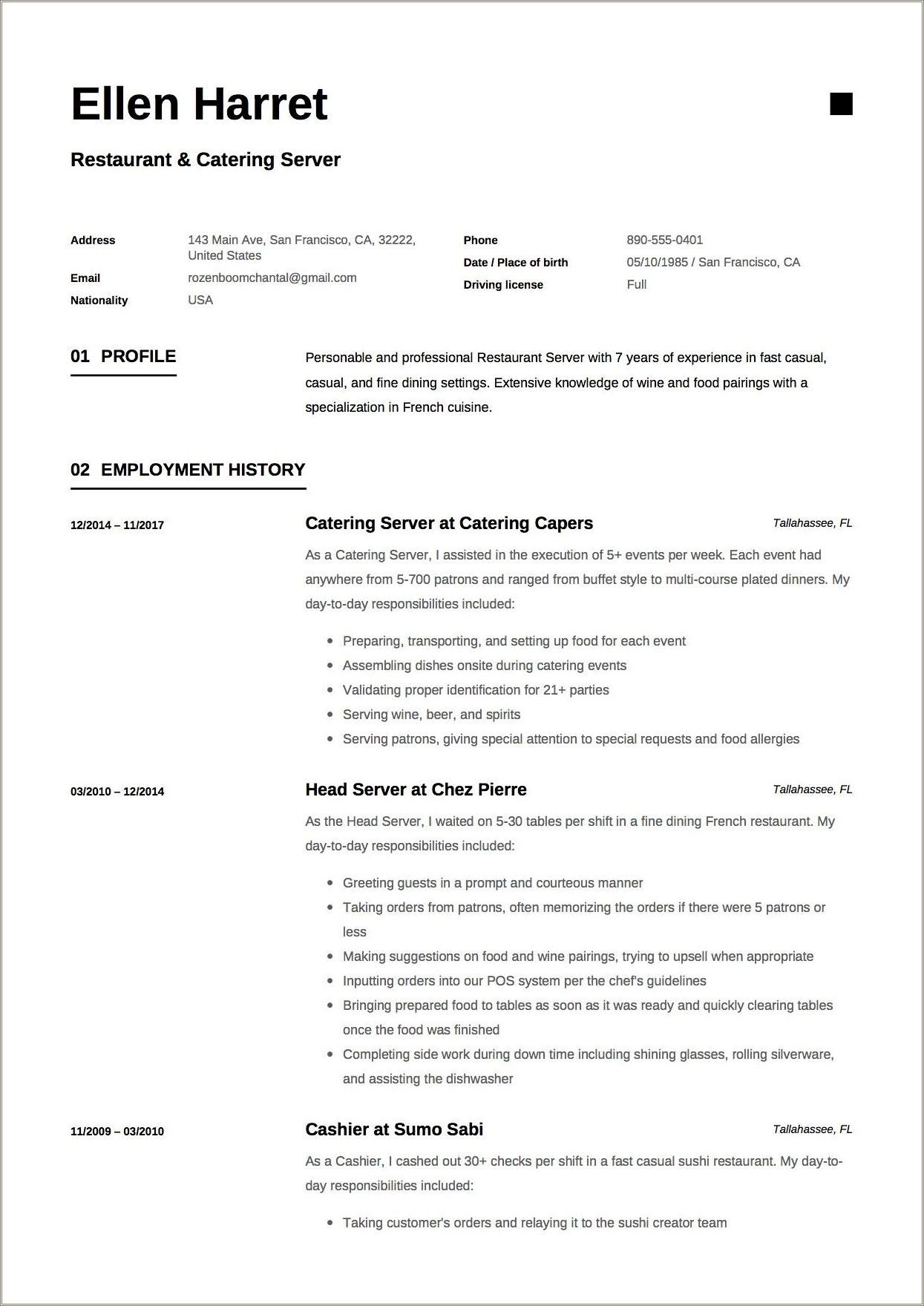 Server Shift Lead Job Description Resume