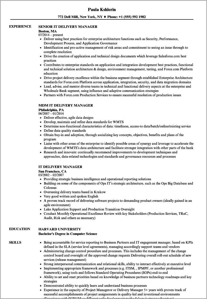 Service Delivery Manager In Bank Resume