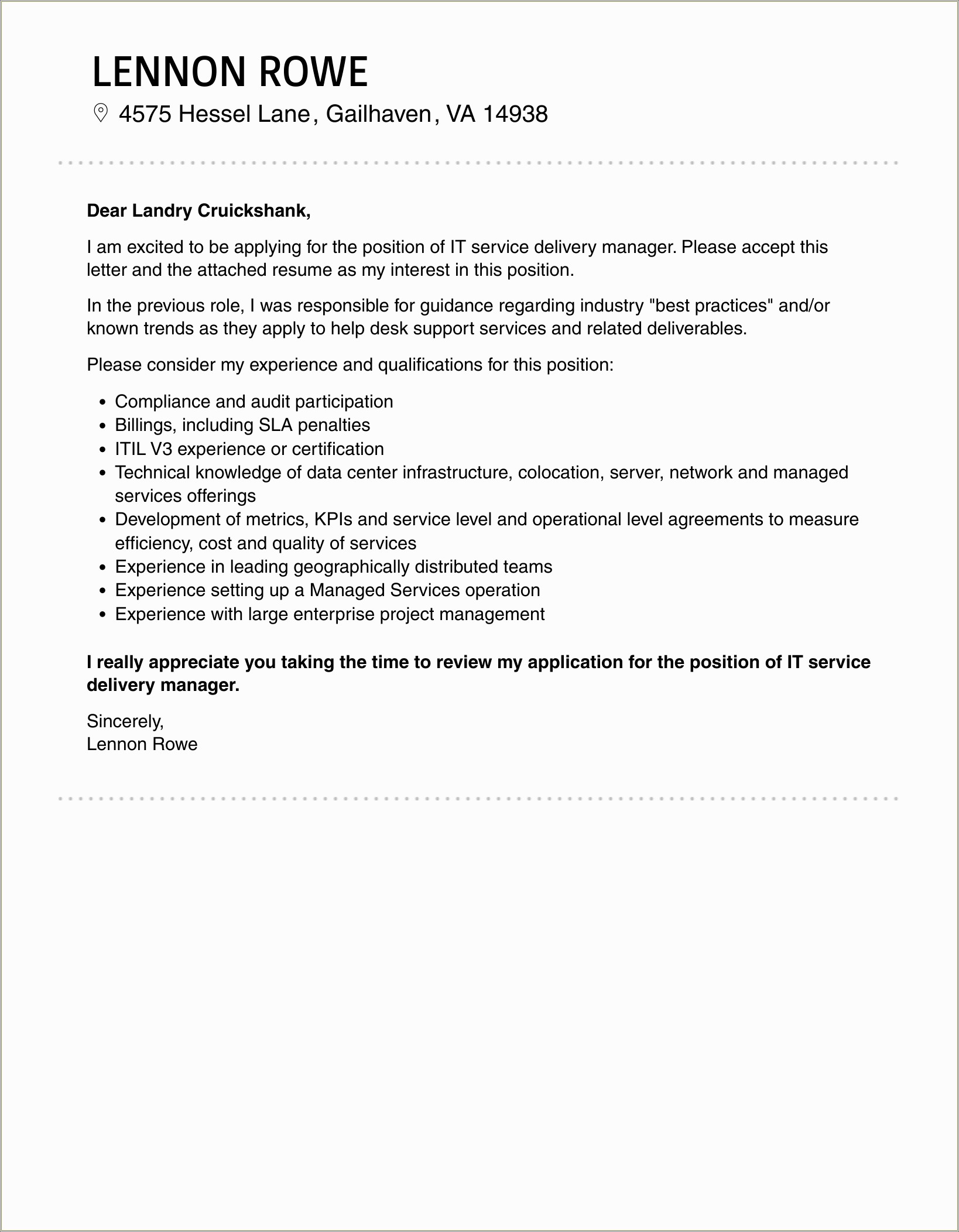 Service Delivery Manager Resume Cover Letter