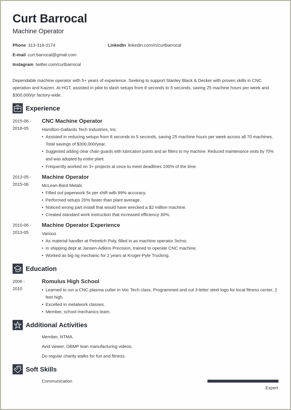 Service Industry Operator Job Description Resume
