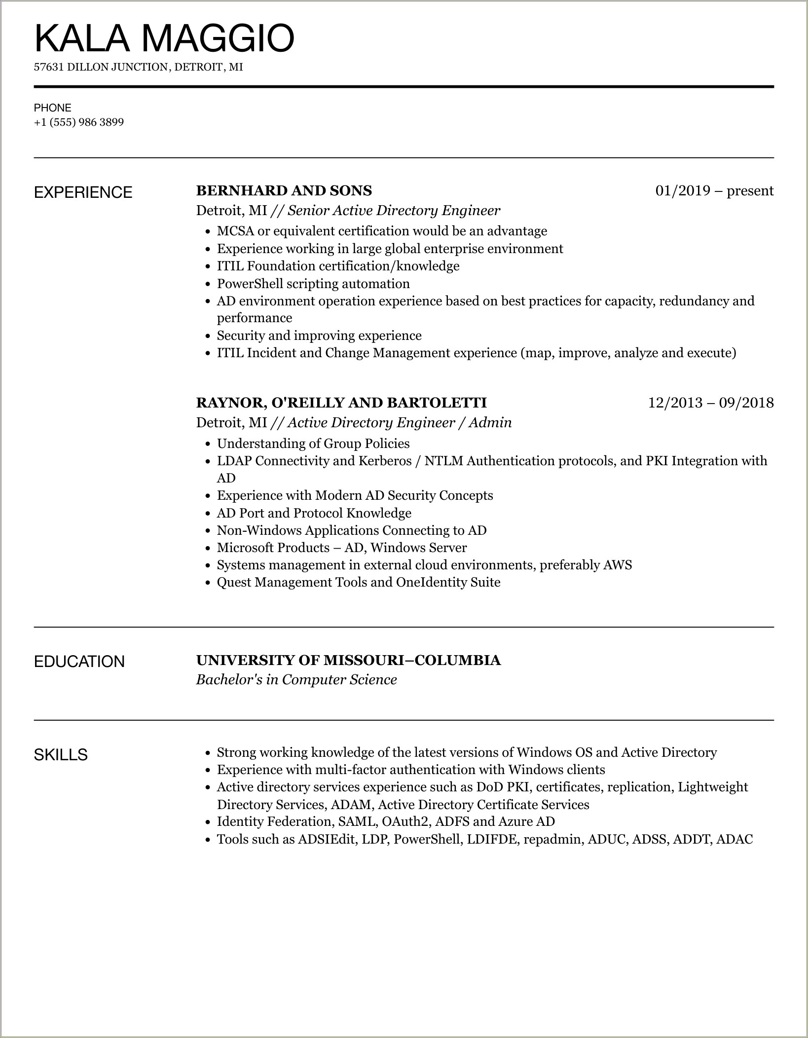 Servicenow Resume With Active Directory Experience Hireit