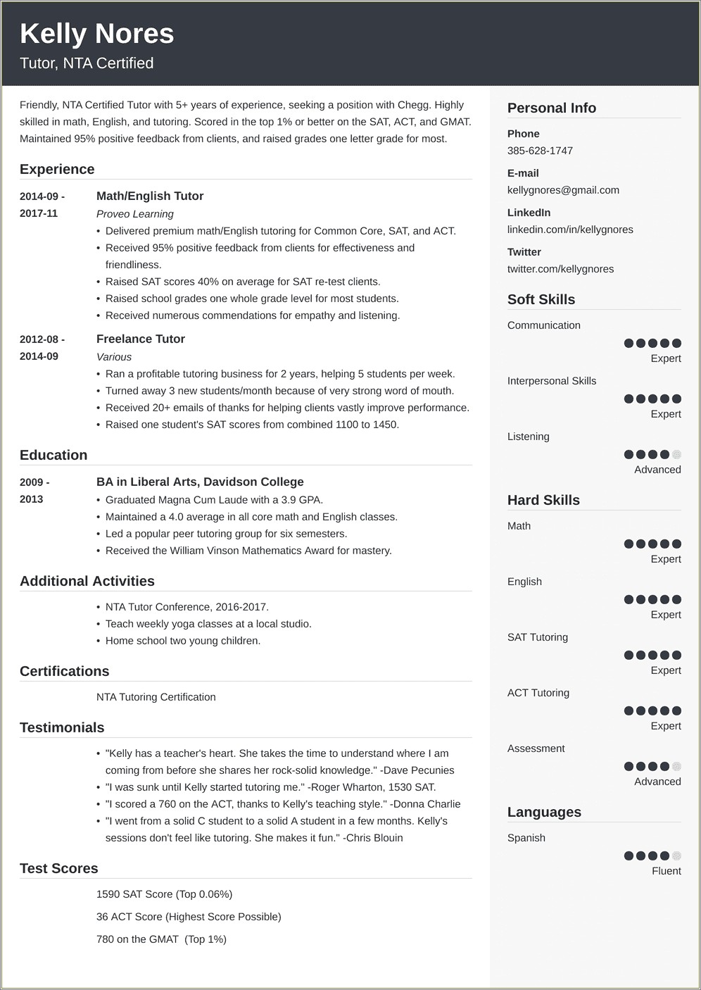 Set Of Skills For A Tutor Resume