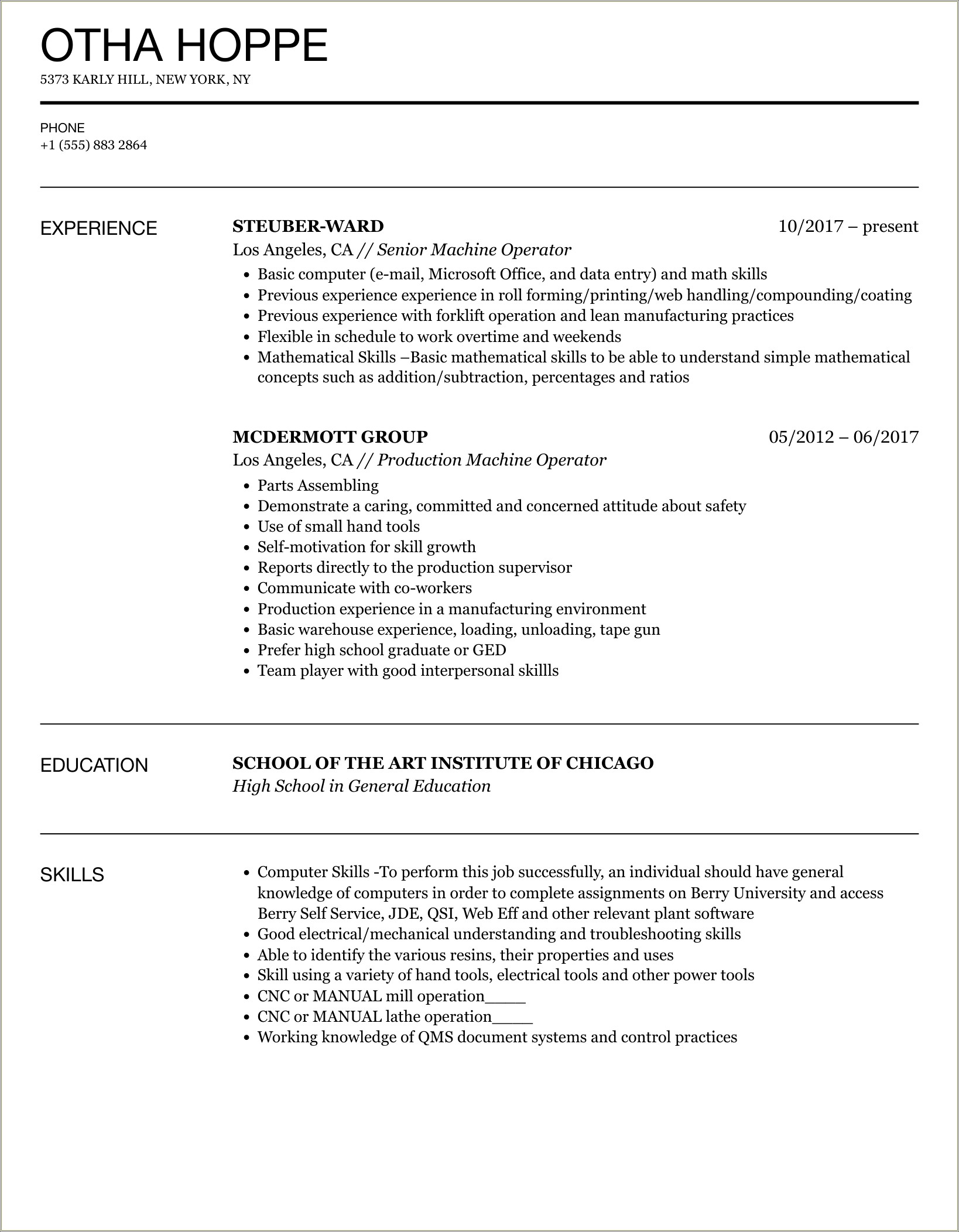 Sewing Machine Operator Job Description For Resume