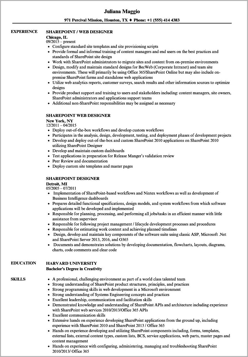 Sharepoint Resume For 2 Years Experience