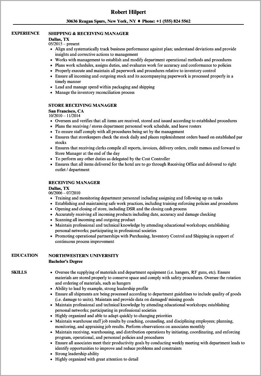 Shipping And Receiving Supervisor Resume Examples