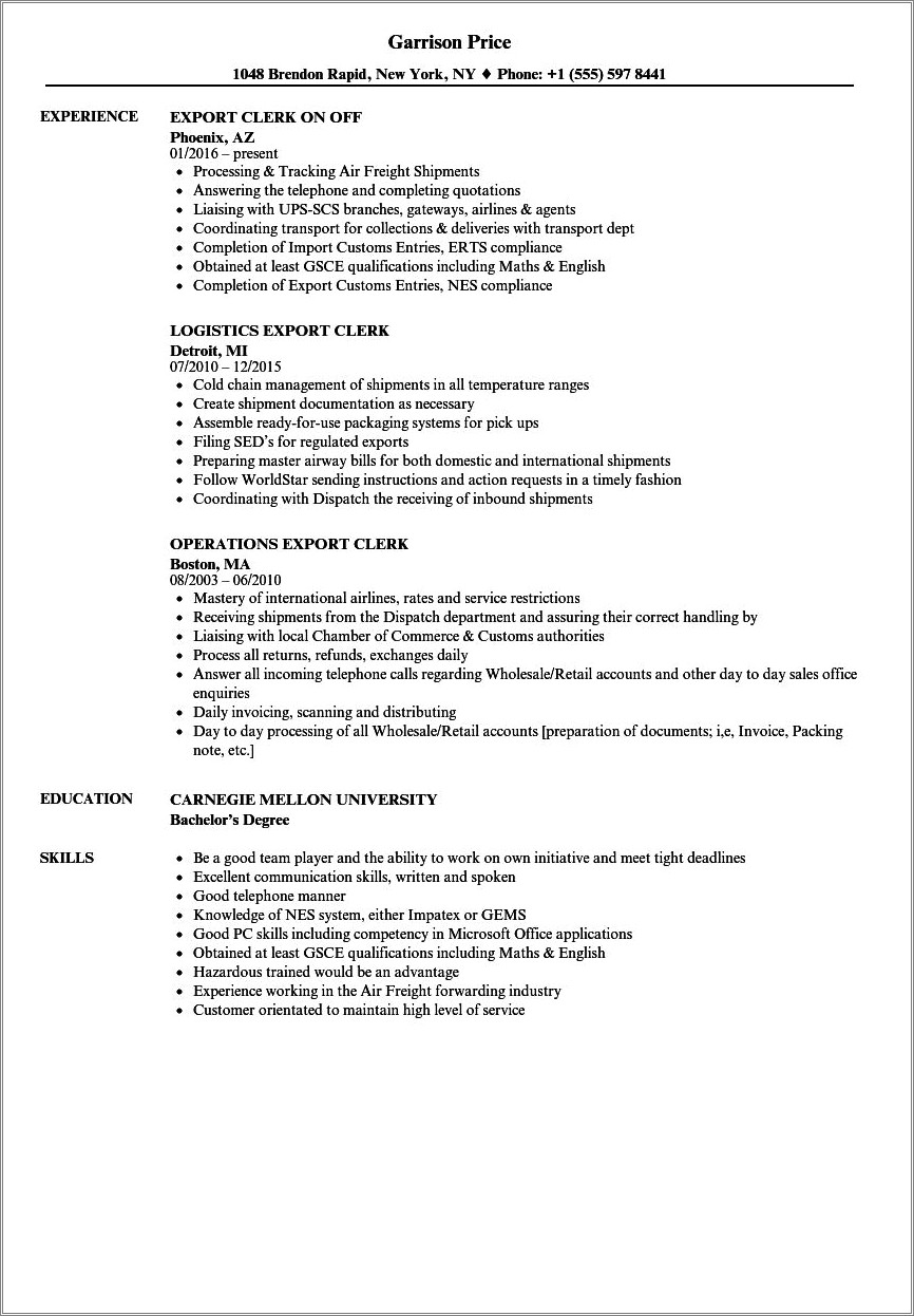 Shipping Clerk Job Description For Resume