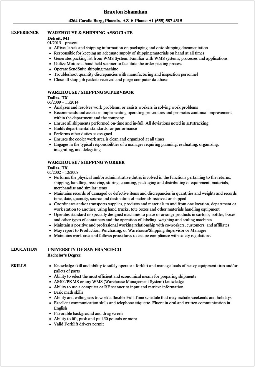 Shipping & Delivery Job Description For Resume