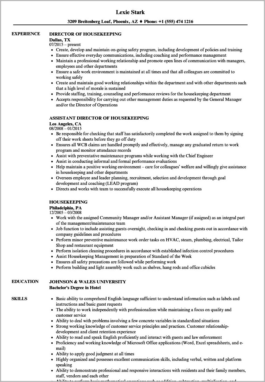 Short Housekeeping Job Description For Resume