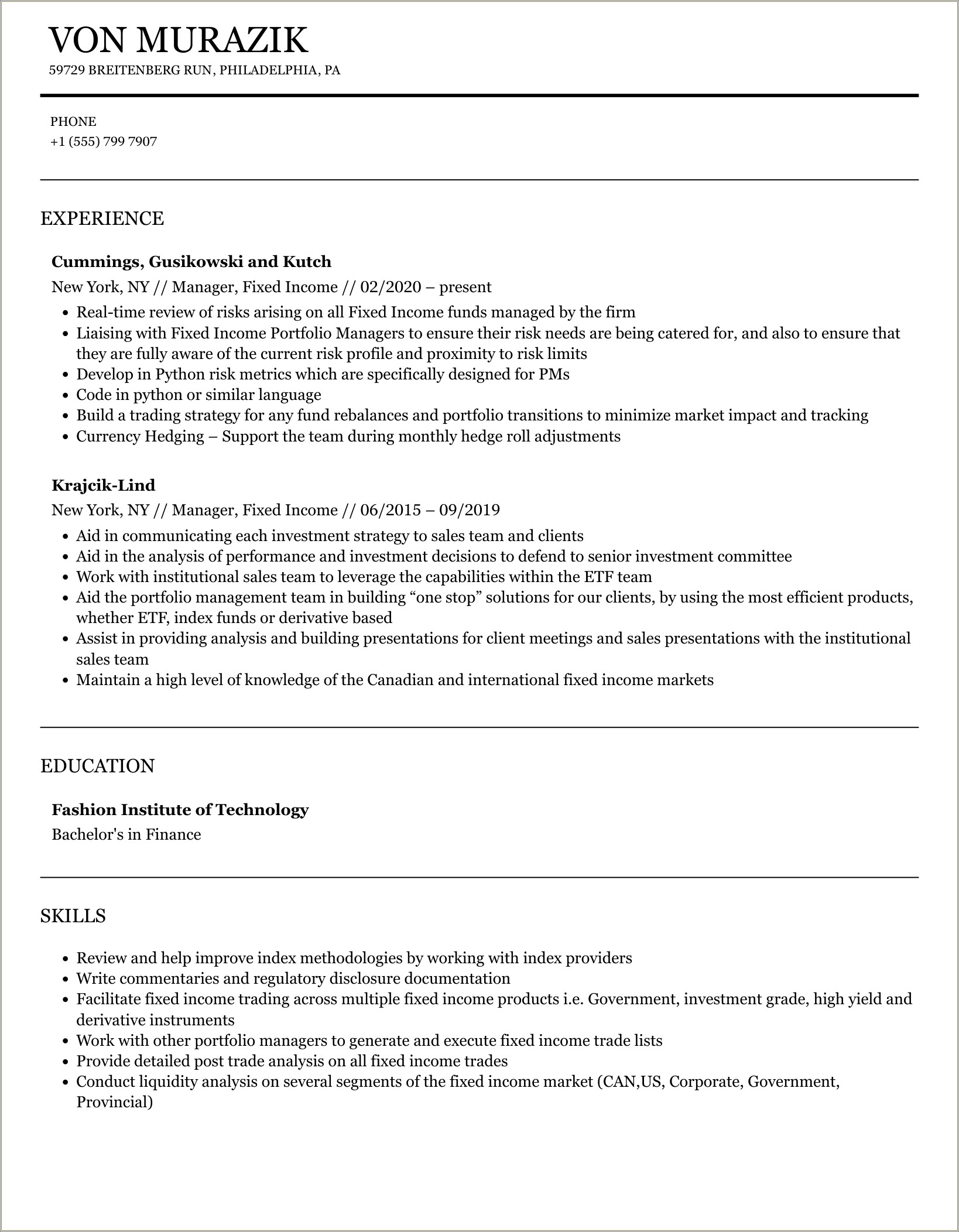 Short Term Fixed Income Resume Summary