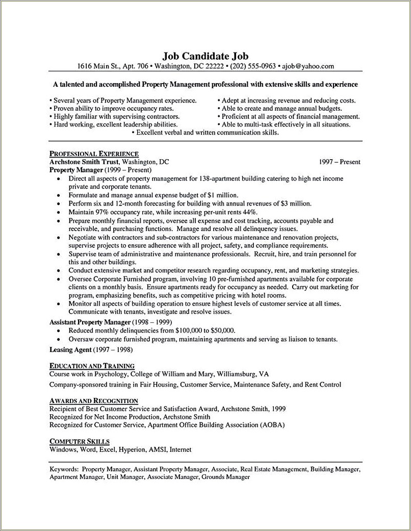 Short Term Rental Property Management Resume