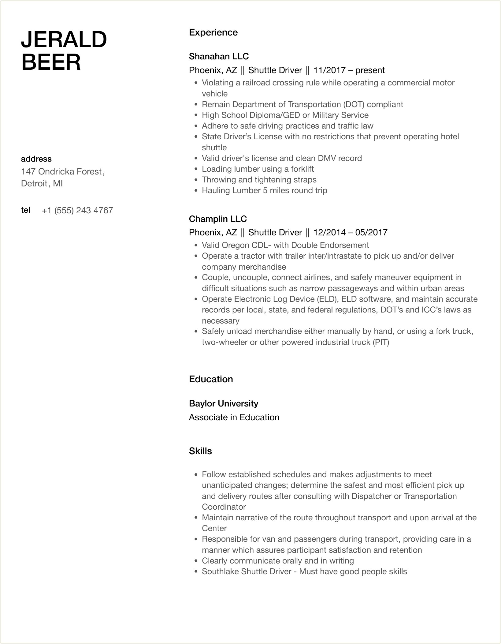 Shuttle Driver Job Description For Resume