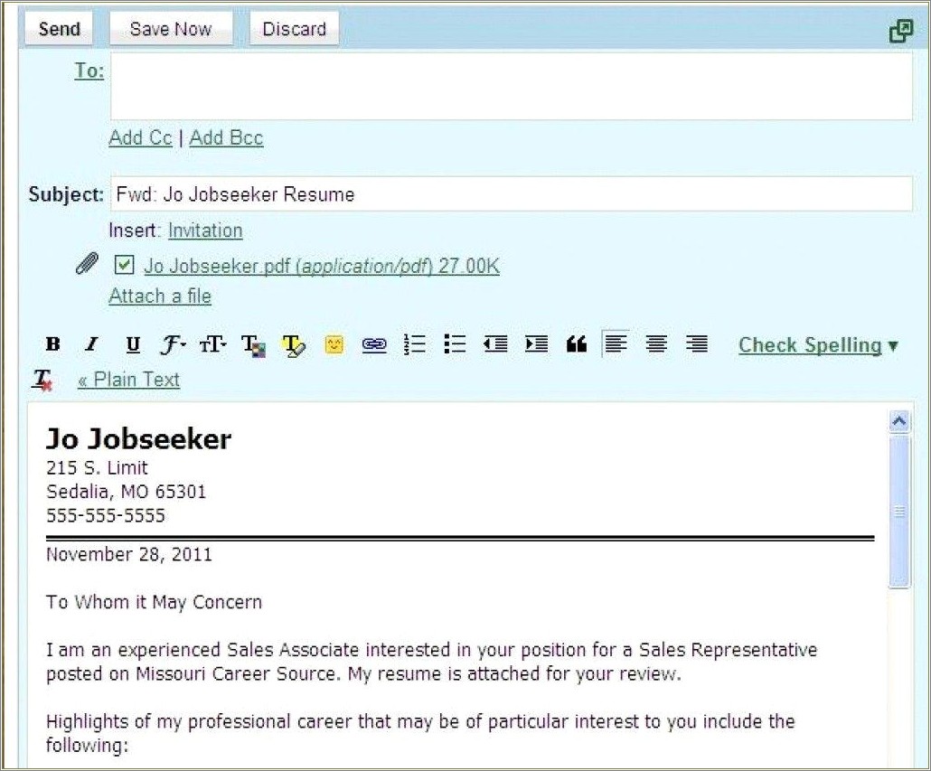 Simple Cover Letter For Sending Resume