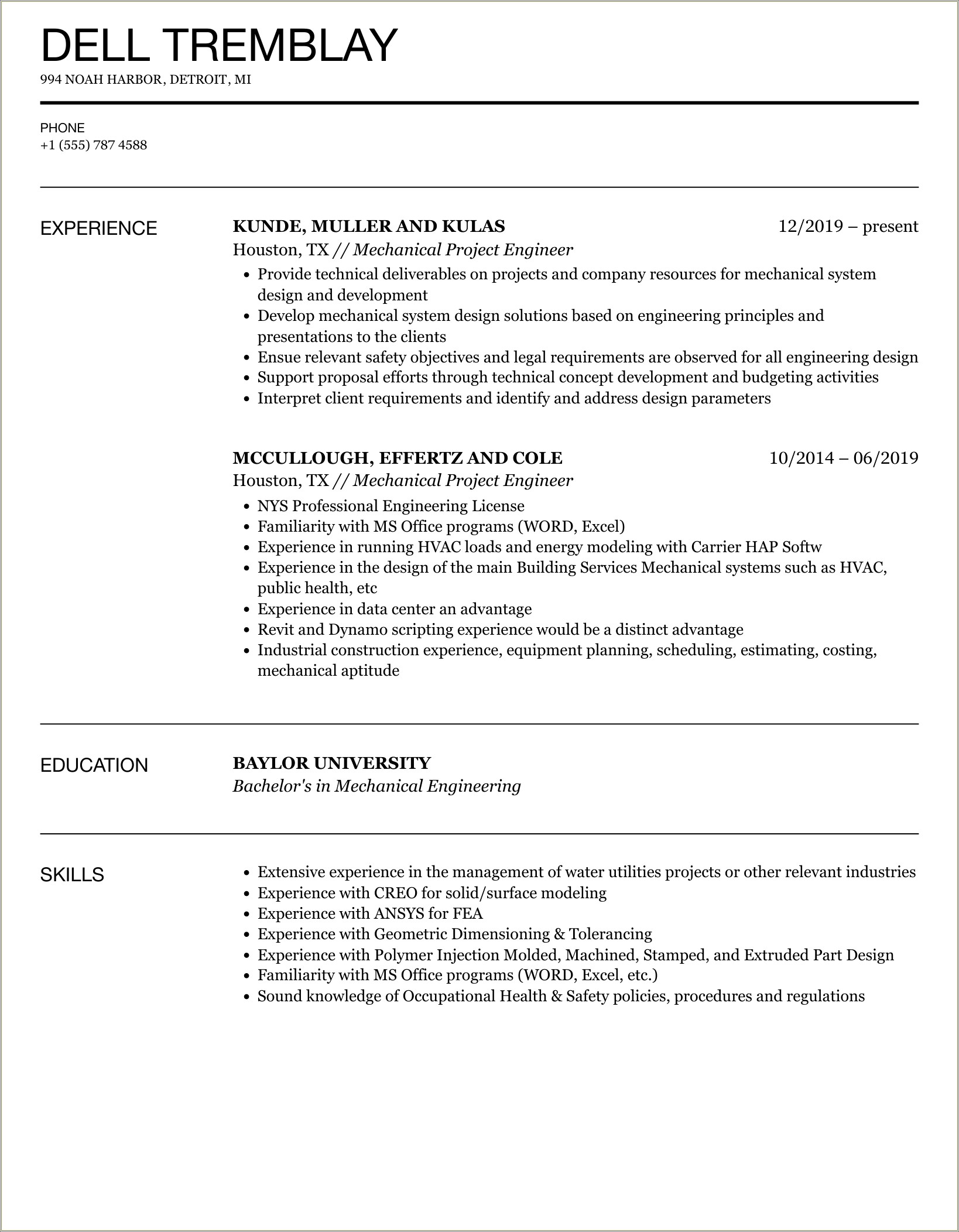 Simple Mechanical Engineering Resume Project Work